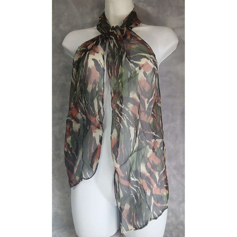 Liz Sinclair Tiger Stripe Camo Scarf‎ Green Brown Rayon Lightweight 64in